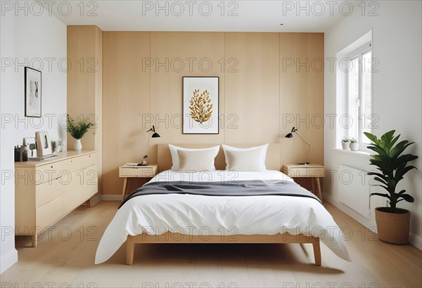 Minimalist bedroom with white decor and wooden furniture, featuring cozy ambiance, natural light, and plants, AI generated