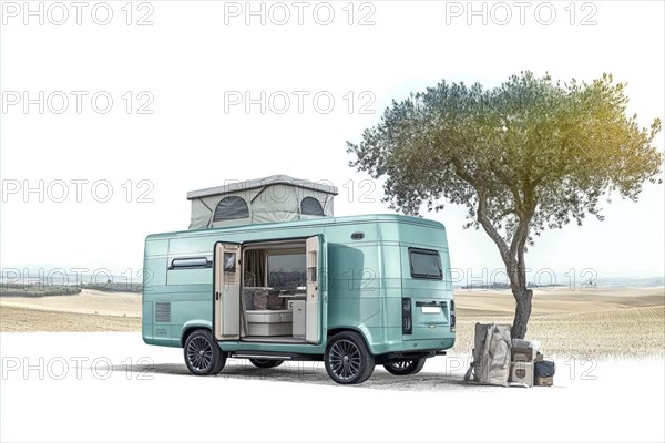 Teal green camper van with pop-up roof under a tree in an open countryside, minimalistic design, AI generated