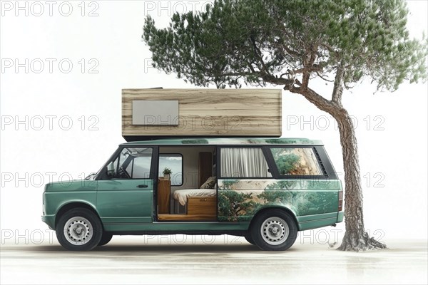 Artistically designed camper van blended into nature with a custom wooden rooftop extension, AI generated