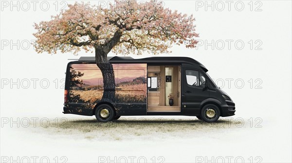 Camper van with painted landscape and cozy interior, parked under a tree in a scenic outdoor setting, AI generated