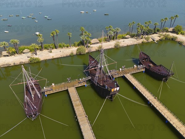 Several historic sailing ships in a water basin surrounded by tropical palm trees under a clear sky, aerial view, Muelle de las Carabelas, reproductions of La Nina, La Pinta and La Santa Maria, Museum, Palos de la Frontera, Province of Huelva, Andalusia, Spain, Europe