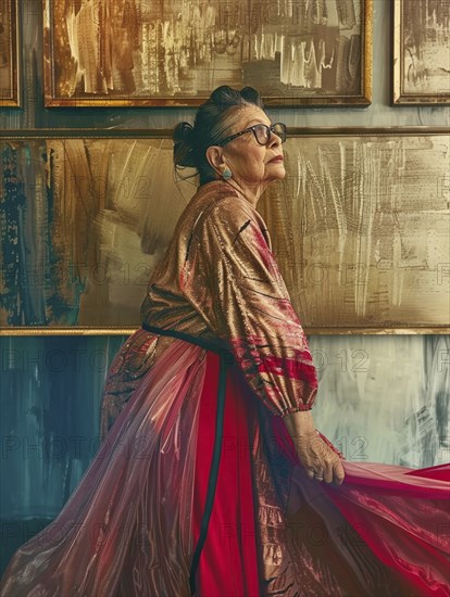 Elderly woman in an art gallery wearing an elegant red and gold dress, appearing thoughtful and poised, AI generated