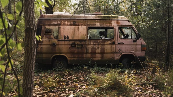 A rusted van abandoned in the wilderness, covered with patches of rust and vegetation, AI generated