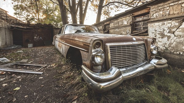 Front view of an old, rusted car parked next to a crumbling building, partially overgrown with vegetation, AI generated