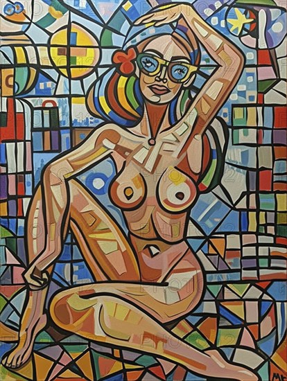 Abstract painting of a nude woman wearing glasses with a colorful geometric mosaic background, AI generated