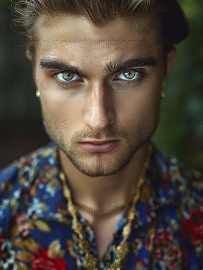 Close-up portrait of a man with an intense gaze, wearing a blue floral shirt and a gold chain, AI generated