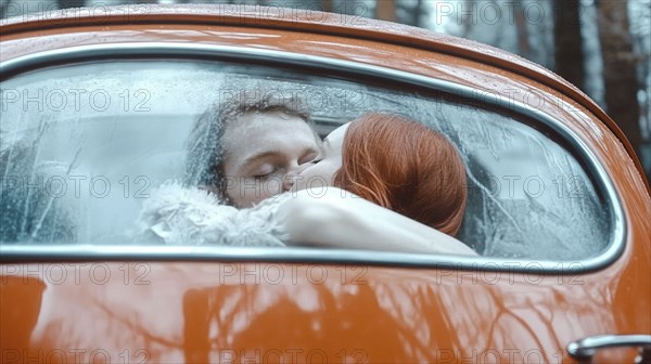 Couple embracing and kissing in an orange car during a rainy day in the forest, AI generated