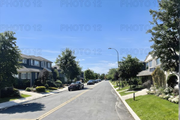 A serene suburban street with blooming plants under a bright sky, AI generated
