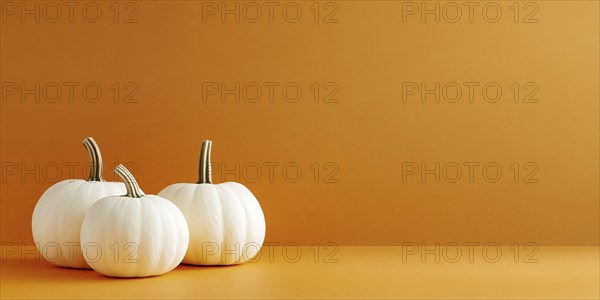 Banner with three large white pumpkins on orange background with copy space. Generative Ai, AI generated