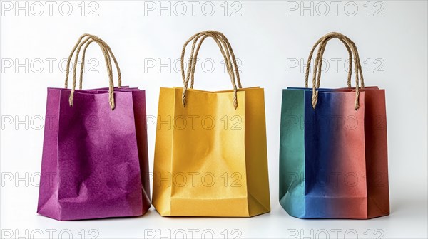 Three vibrant paper bags with gradient colors, standing on a white background, AI generated