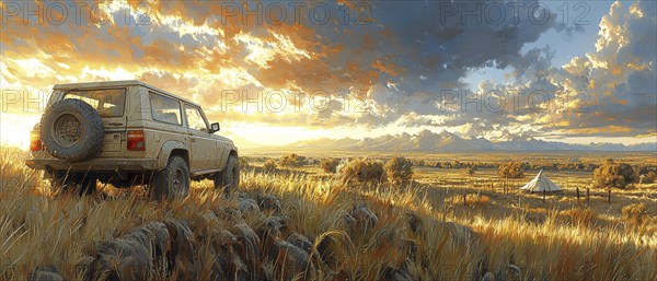 White SUV at sunset in a grassy field with a tent and mountainous backdrop creating a serene atmosphere, AI generated