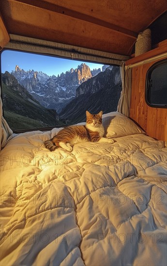 A cat resting on a bed in a van with a stunning mountain view under the warm glow of sunset lighting, AI generated