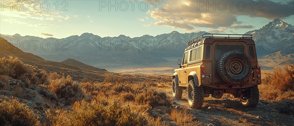 Rugged SUV traveling off-road at sunset, set against scenic mountainous landscape, AI generated