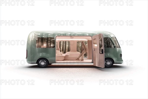 Luxurious modern green van with a sleek design showcasing a cozy and spacious interior, AI generated