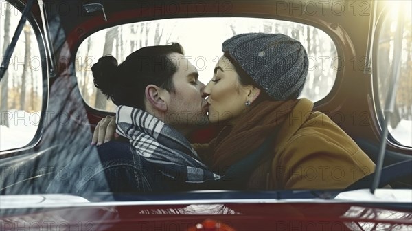 A couple sharing a kiss in a car during winter, both dressed warmly in scarves and hats, AI generated