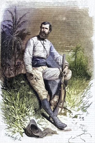 Verney Lovett Cameron (1844-1894) English explorer in Central Africa. Born in Radipole near Weymouth, Dorset. Engraving after a photograph from 1877, the year in which Cameron's travels were published under the title Across Africa. From Le Voleur (Paris, 2 March 1877) . Copperplate engraving, Historical, digitally restored reproduction from a 19th century original, Record date not stated