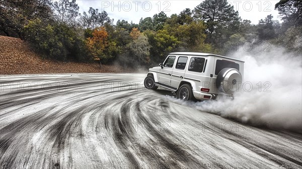 A white SUV drifting on a road surrounded by autumn trees, creating plumes of white smoke, AI generated