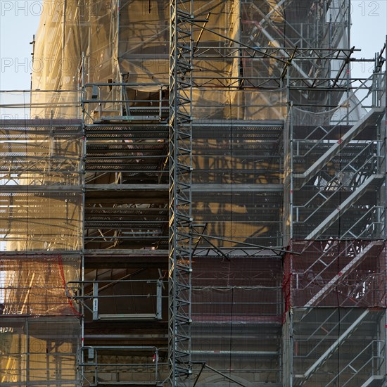 Scaffolded steeple of the Provost's Church of St Peter and Paul, Bochum, Ruhr area, North Rhine-Westphalia, Germany, Europe