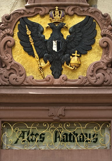 Portal crowned with the coat of arms of Friedberg by Johann Philipp Moerss, Old Town Hall, Friedberg, Wetterau, Hesse, Germany, Europe