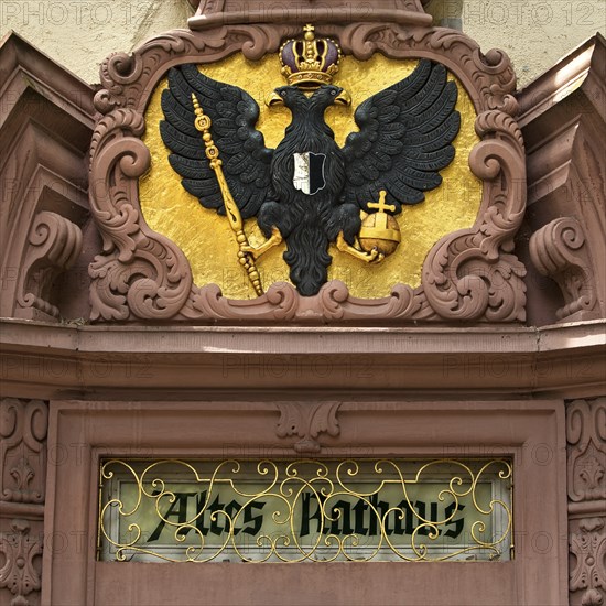 Portal crowned with the coat of arms of Friedberg by Johann Philipp Moerss, Old Town Hall, Friedberg, Wetterau, Hesse, Germany, Europe