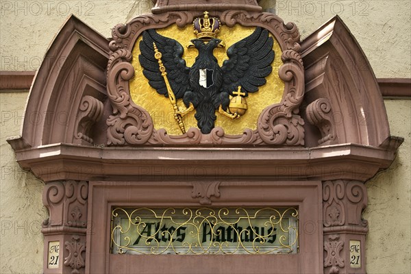 Portal crowned with the coat of arms of Friedberg by Johann Philipp Moerss, Old Town Hall, Friedberg, Wetterau, Hesse, Germany, Europe