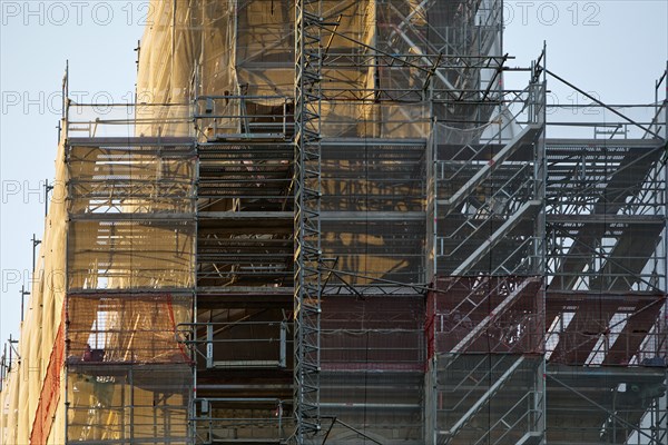 Scaffolded steeple of the Provost's Church of St Peter and Paul, Bochum, Ruhr area, North Rhine-Westphalia, Germany, Europe