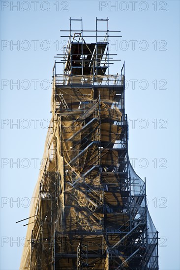 Scaffolded steeple of the Provost's Church of St Peter and Paul, Bochum, Ruhr area, North Rhine-Westphalia, Germany, Europe