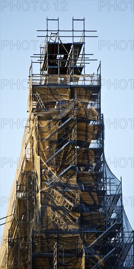 Scaffolded steeple of the Provost's Church of St Peter and Paul, Bochum, Ruhr area, North Rhine-Westphalia, Germany, Europe