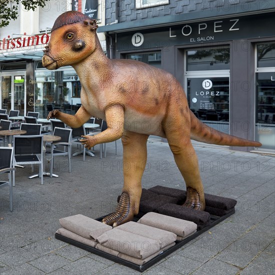 Pachycephalosaurus model, thick-skulled dinosaur in the Fussgaengerzone, Dino City III, Bochum, Ruhr area, North Rhine-Westphalia, Germany, Europe