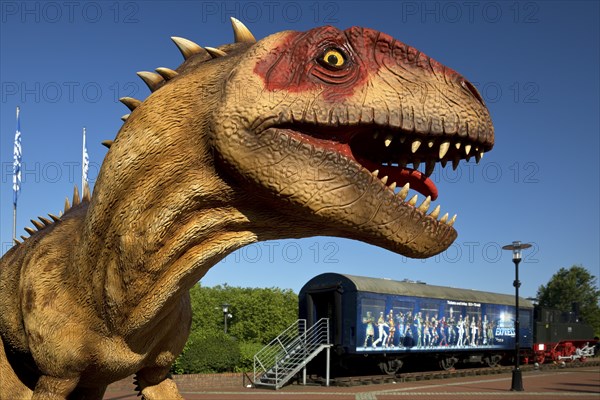 Neonevator model, New Hunter on the forecourt of the Starlight Express, Dino City III, Bochum, Ruhr area, North Rhine-Westphalia, Germany, Europe