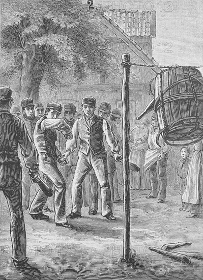 Folk games in Holstein in the 19th century. Throwing the pigeons out of the barrel, Germany, Historical, digitally restored reproduction from a 19th century original, Record date not stated, Europe