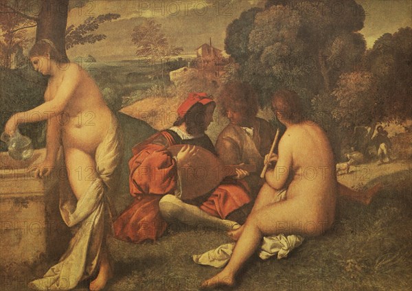 Painting by Giorgione, full name Giorgio da Castelfranco, also known as Zorzo da Castelfranco (born 1478 in Castelfranco Veneto. died in front of 25 October 1510 in Venice), Italian painter, Rural Concert, Historical, digitally restored reproduction from a 19th century original, Record date not stated
