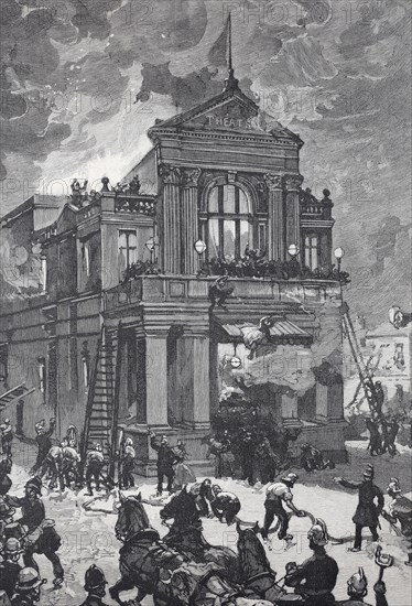 People panicking in front of a burning theatre building in a night disaster, The theatre fire in Exeter, England, Historical, digitally restored reproduction from a 19th century original, Record date not stated