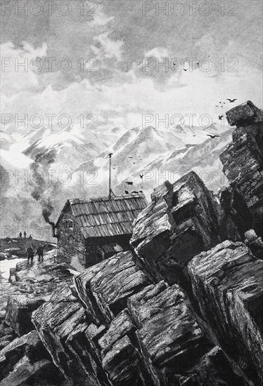 A morning in front of the Breslauer Hütte in the Ötztal Alps, Historical, digitally restored reproduction from a 19th century original, Record date not stated