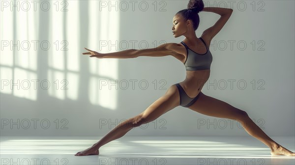 A woman in an athletic pose illuminated by sunlight, with shadows casting patterns, highlighting her balance, strength, and determination, AI generated