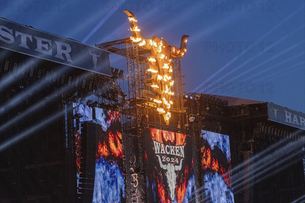 Bullhead with pyrotechnics at the Wacken Open Air in Wacken. The traditional metal festival will take place from 31 July to 2 August 2024