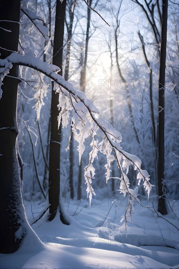 Winter forest with snow bathed in soft diffuse light, AI generated