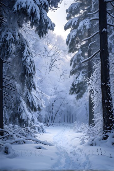 Winter forest with snow bathed in soft diffuse light, AI generated