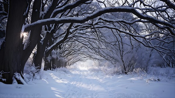 Winter forest with snow bathed in soft diffuse light, AI generated
