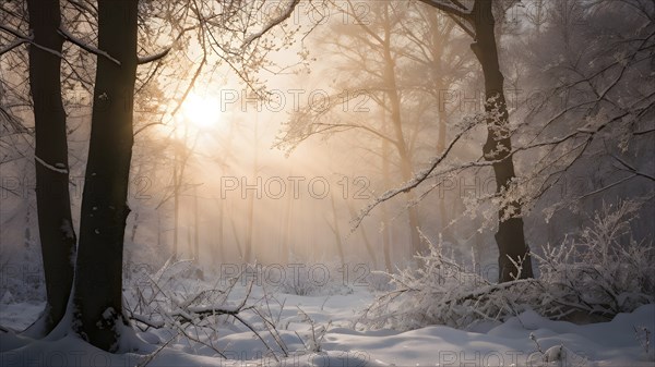 Winter forest with snow bathed in soft diffuse light, AI generated