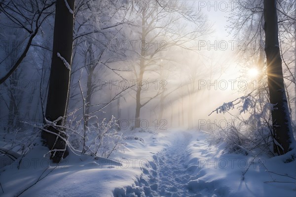 Winter forest with snow bathed in soft diffuse light, AI generated