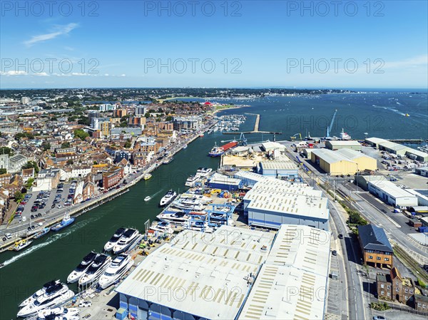 Harbour and Marina over Poole Quay from a drone, Poole, Dorset, England, United Kingdom, Europe