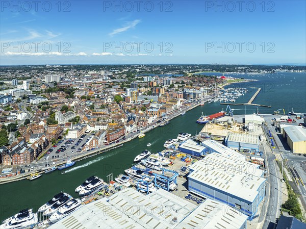 Harbour and Marina over Poole Quay from a drone, Poole, Dorset, England, United Kingdom, Europe
