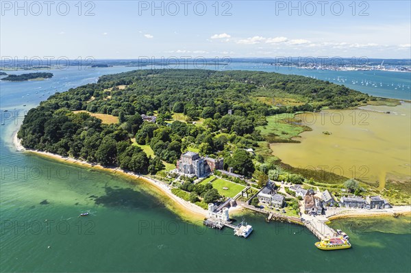 Brownsea Castle on Brownsea Island from a drone, Poole, Dorset, England, United Kingdom, Europe