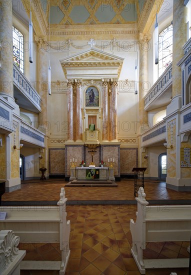 Protestant town church of St Mary with galleries and altar, interior view, residential town of Greiz, Thuringia, Germany, Europe