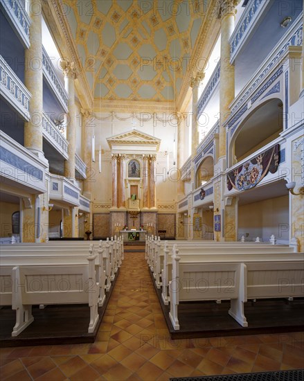 Protestant town church of St Mary with galleries and altar, interior view, residential town of Greiz, Thuringia, Germany, Europe