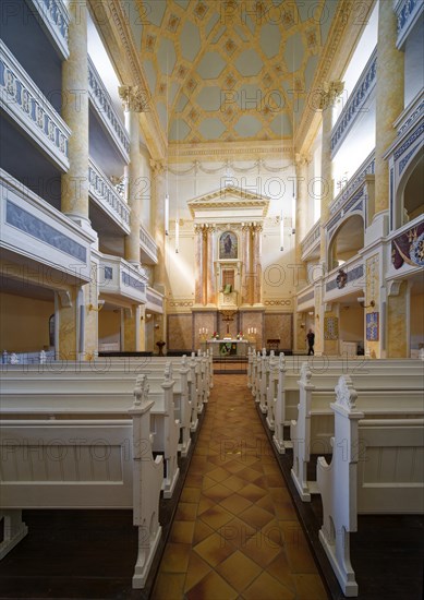 Protestant town church of St Mary with galleries and altar, interior view, residential town of Greiz, Thuringia, Germany, Europe