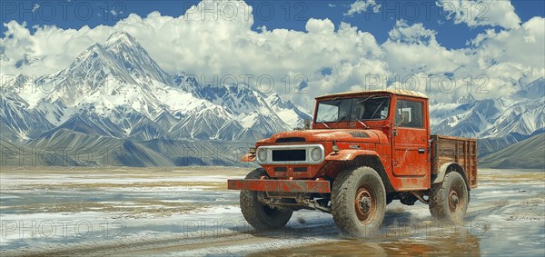 Bright red vehicle driving through a rugged desert with snow-capped mountains and a dynamic sky in the background, AI generated