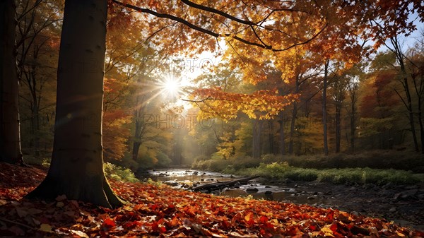 Autumn forest with leaves in varying shades of amber red and yellow in golden hour sunlight, AI generated