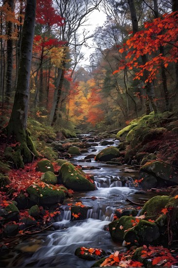 Autumn forest with leaves in varying shades of amber red and yellow in golden hour sunlight, AI generated